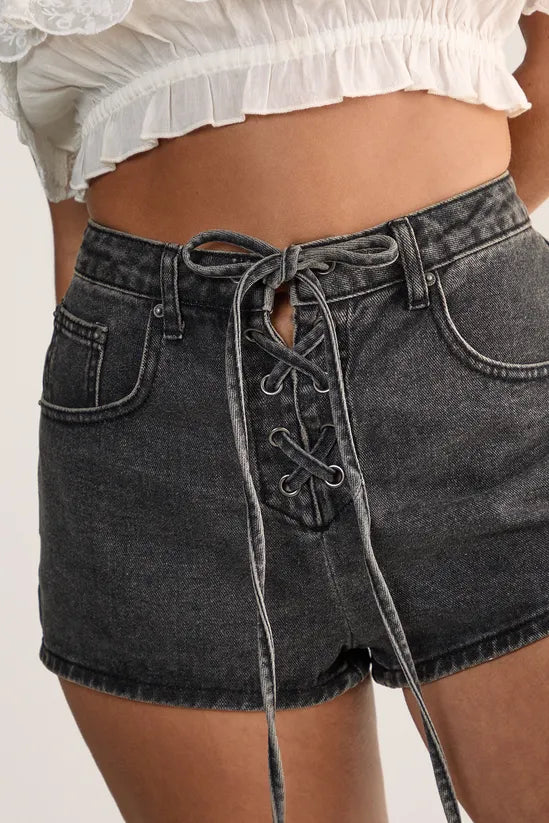 Lace Up Denim Shorts