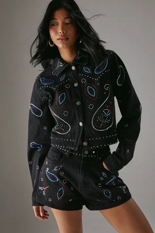 Paisley Embellished Denim Hot Pant Shorts